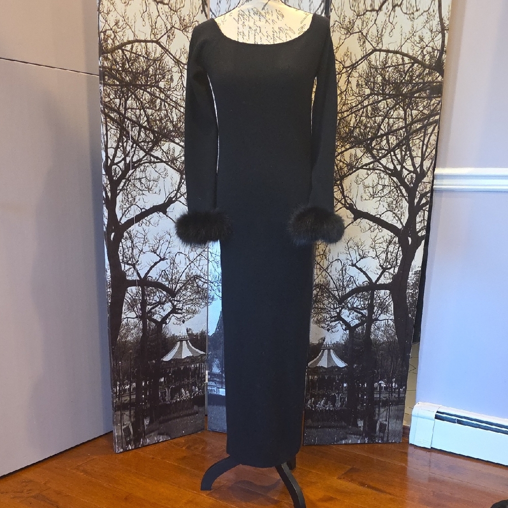 Vince Black Long Sleeve Dress with Fur Cuffs